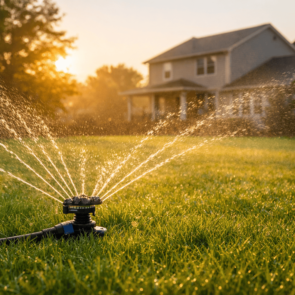 ChatGPT Image Feb 13, 2026, 02_21_50 PM Close-up of a lawn sprinkler watering green grass in early morning sunlight.