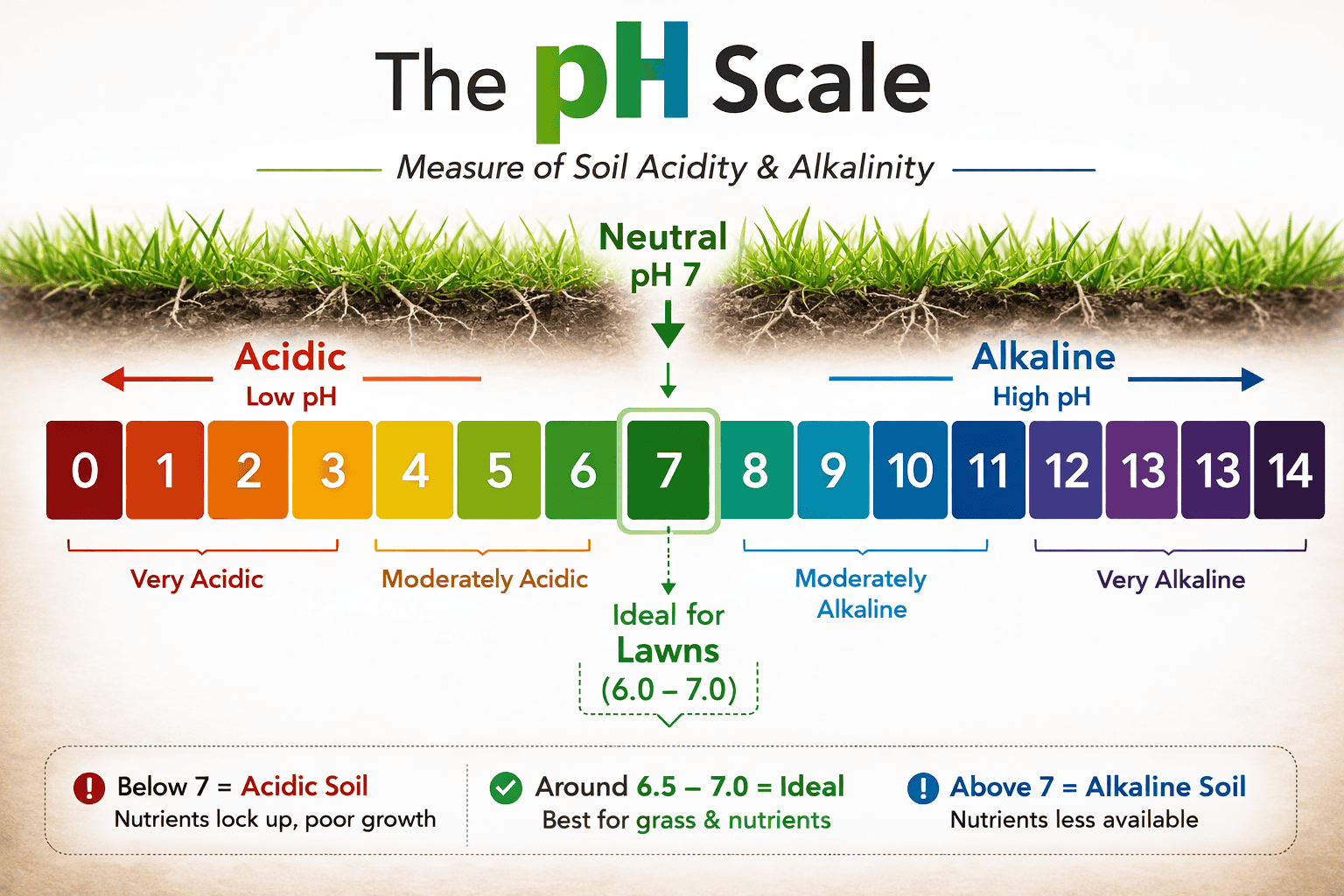 ChatGPT Image Mar 9, 2026, 09_00_22 PM Infographic showing the soil pH scale from 0 to 14 with neutral at 7 and the ideal lawn soil range around pH 6.0–7.0.