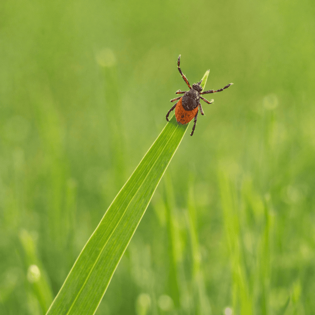 ChatGPT Image Mar 13, 2026, 02_32_54 PM Deer tick crawling on a blade of grass in a residential lawn environment