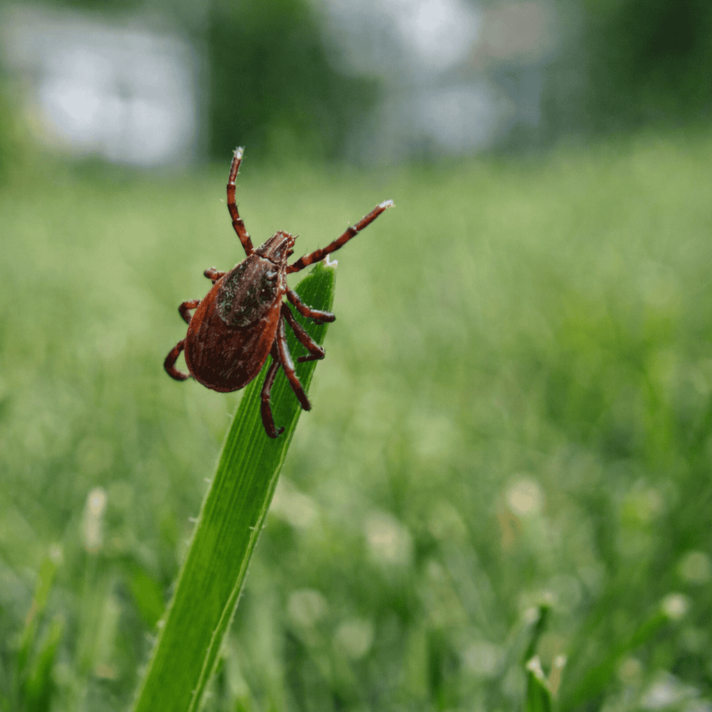 ChatGPT Image Mar 13, 2026, 02_20_32 PM Tick climbing a blade of grass in a lawn where ticks commonly wait for passing animals or people.