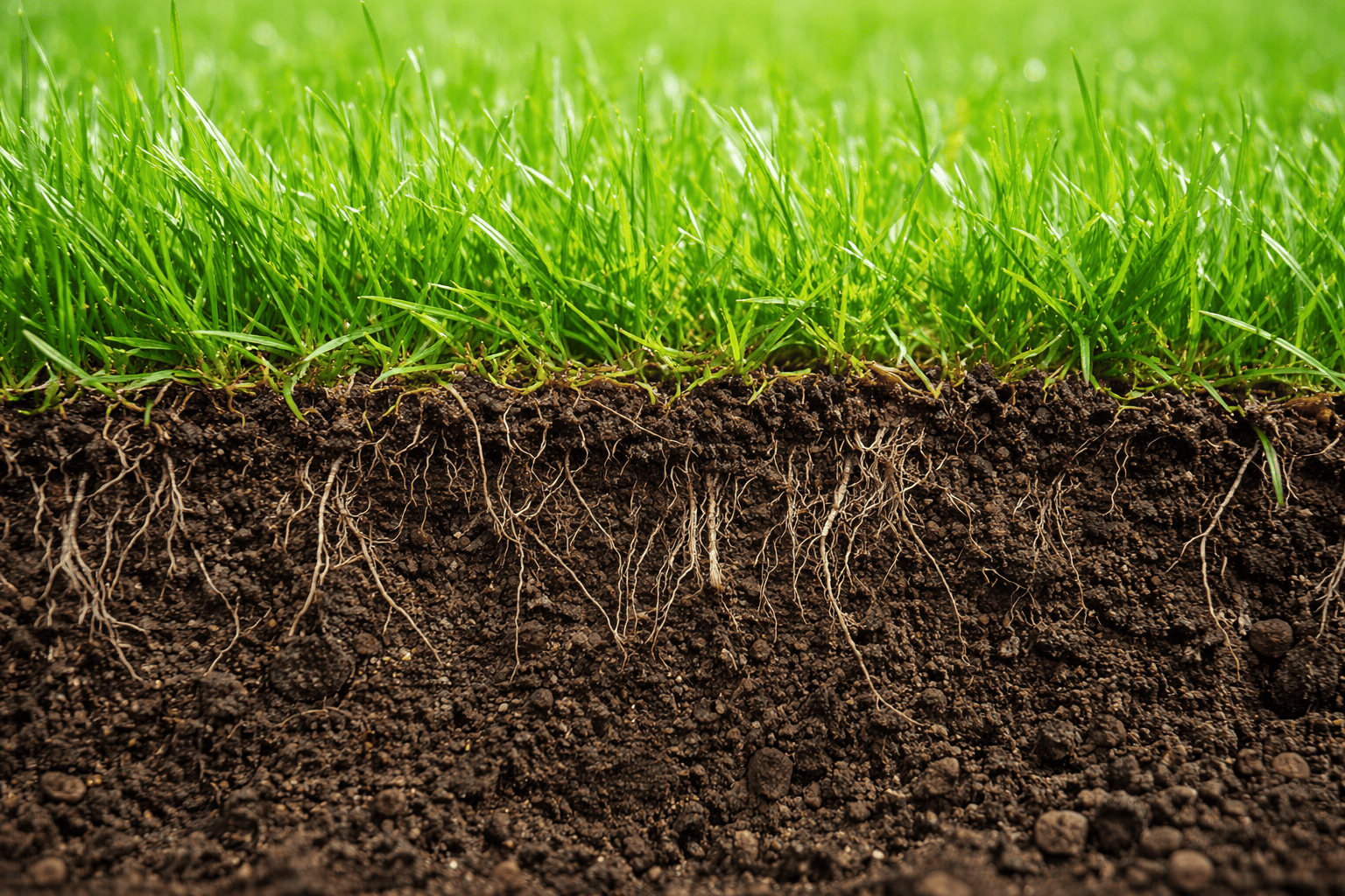 ChatGPT Image Mar 9, 2026, 08_33_24 PM Close-up cross section of healthy lawn grass showing deep turf roots growing through rich soil, illustrating soil health and turf growth in residential lawns