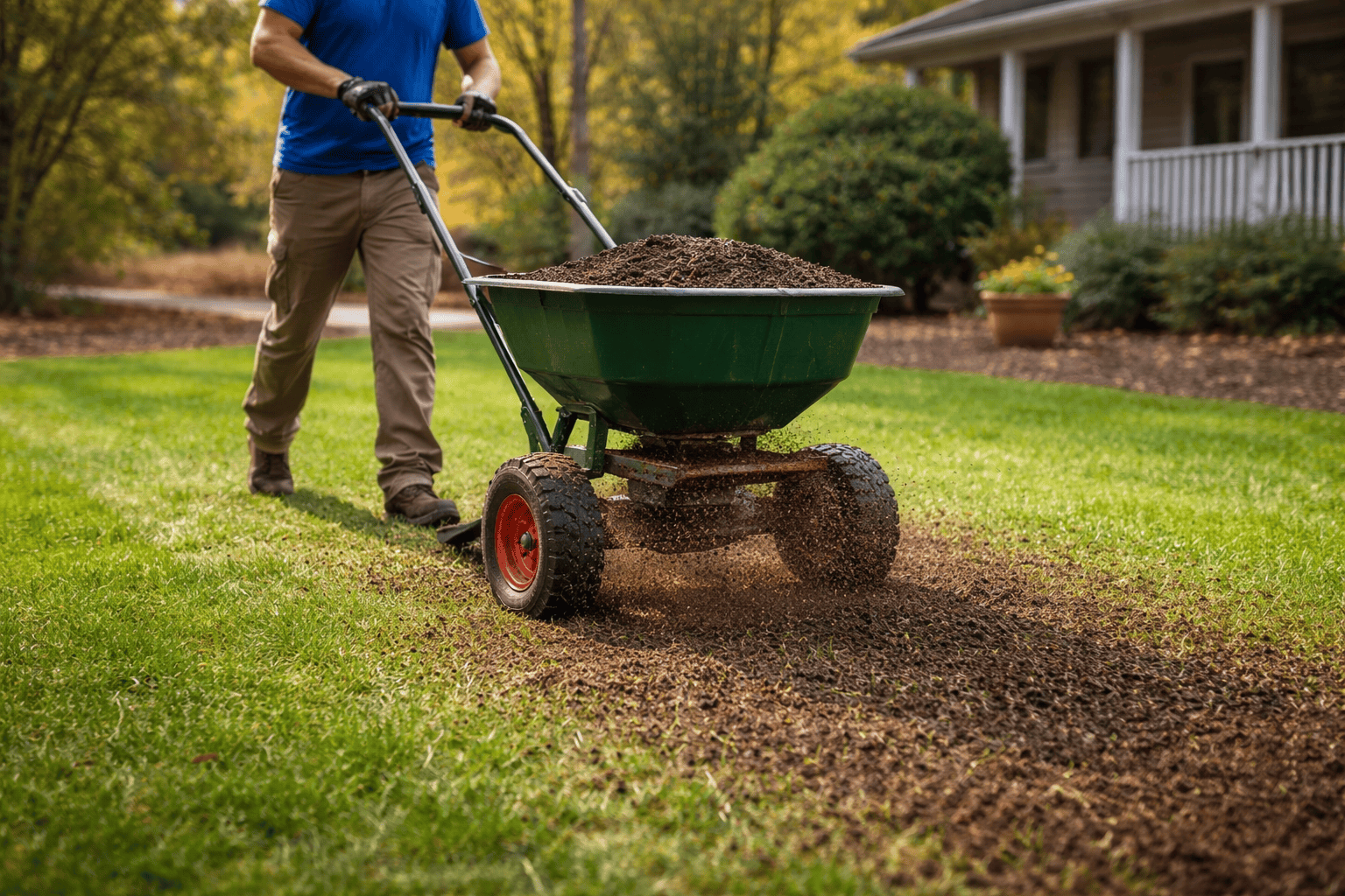 ChatGPT Image Mar 26, 2026, 10_14_27 PM Technician applying compost topdressing to a lawn with a spreader to improve soil health during spring in Omaha
