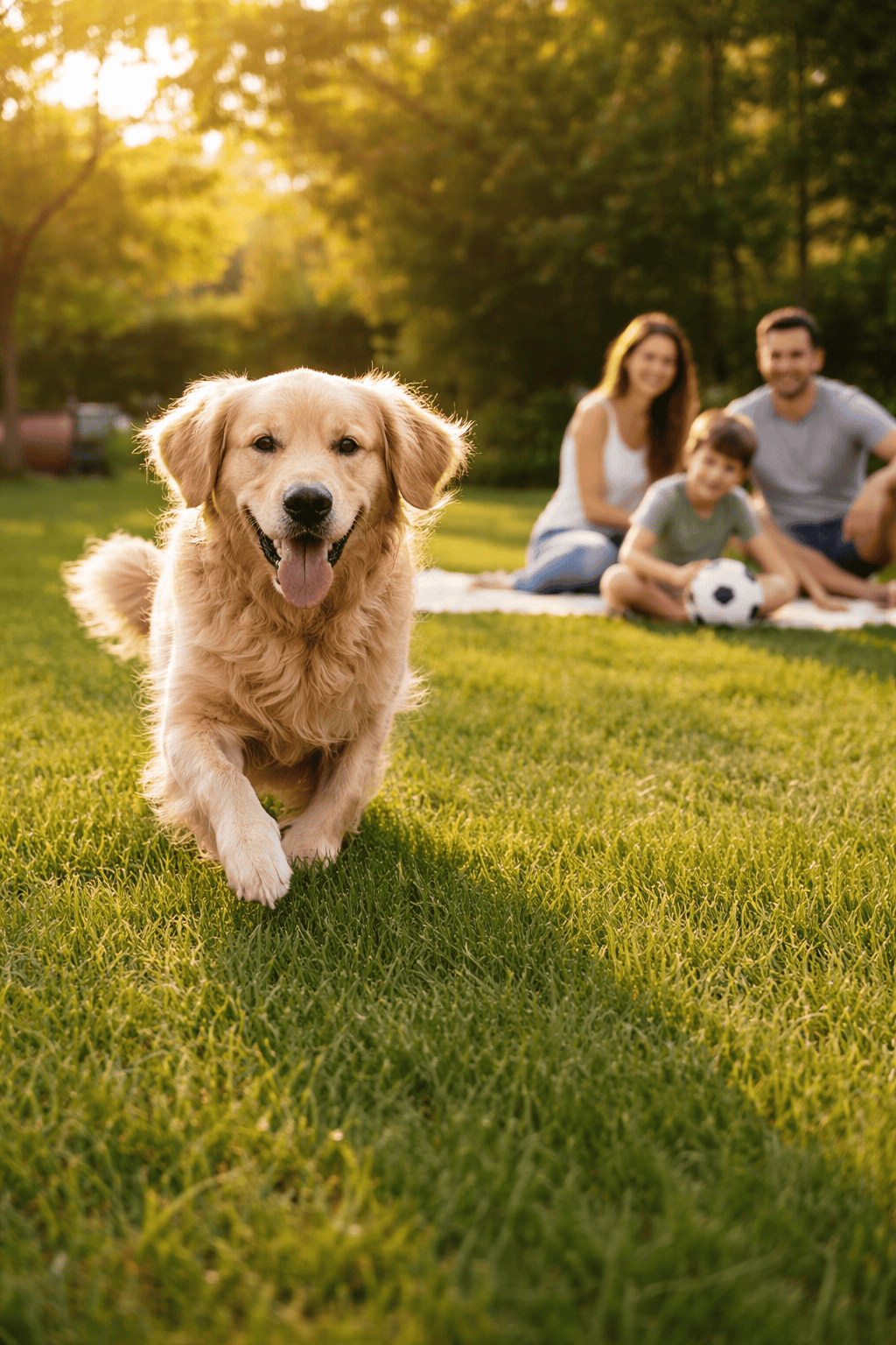 ChatGPT Image Feb 19, 2026, 02_28_35 PM Golden retriever running in a sunny backyard lawn with family relaxing in the background