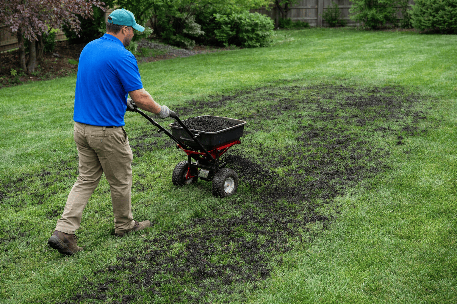 ChatGPT Image Feb 19, 2026, 06_22_43 PM Technician spreading organic compost topdressing on a residential lawn to improve soil health.
