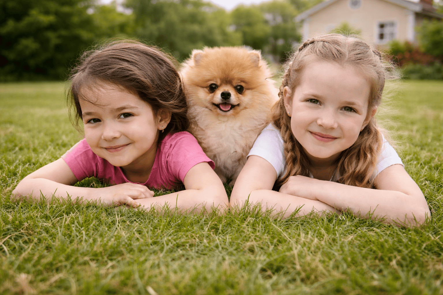 ChatGPT Image Mar 13, 2026, 09_38_56 PM Two young girls and a small dog lying together on a healthy green lawn in a backyard