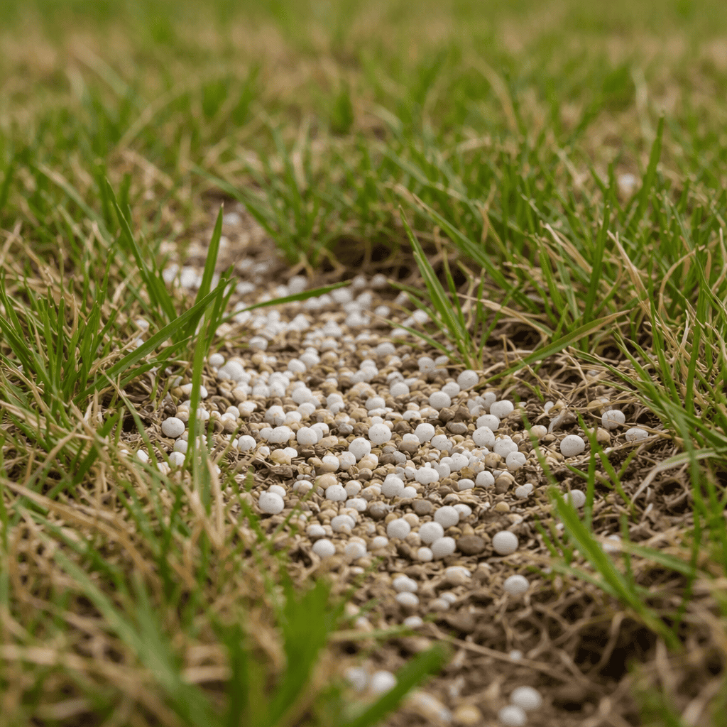 ChatGPT Image Mar 17, 2026, 05_39_24 PM Close-up of granular lawn fertilizer scattered across a real Omaha lawn, showing mixed green and slightly brown grass blades with visible soil and natural texture.