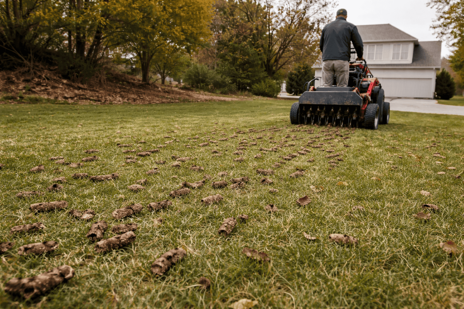 ChatGPT Image Mar 2, 2026, 02_33_08 PM Professional lawn care technician performing core aeration on a residential lawn in Omaha, Nebraska with visible soil plugs across the grass.