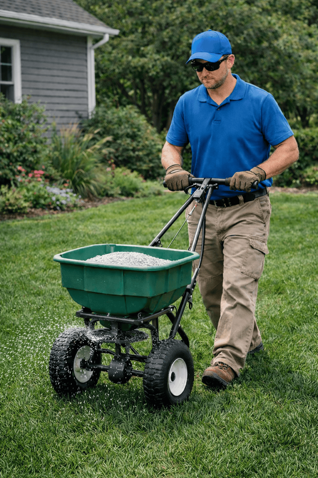 ChatGPT Image Mar 2, 2026, 04_03_55 PM Lawn care technician in a blue shirt and khaki pants applying granular fertilizer with a walk-behind spreader on a dark green residential lawn in front of a suburban home.