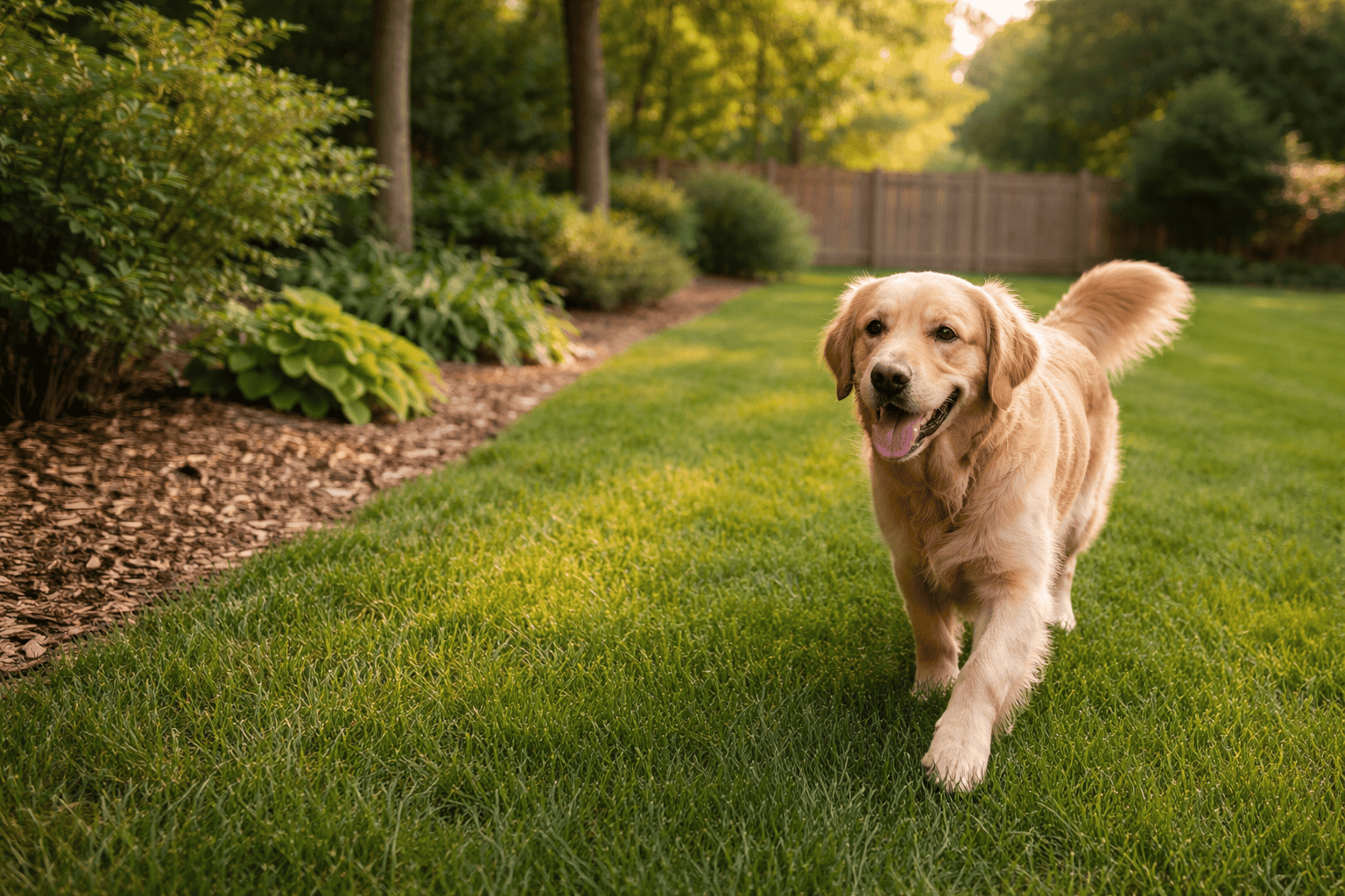 ChatGPT Image Mar 21, 2026, 06_55_31 PM Dog walking through a healthy backyard lawn near shaded mulch edges where fleas and ticks may live