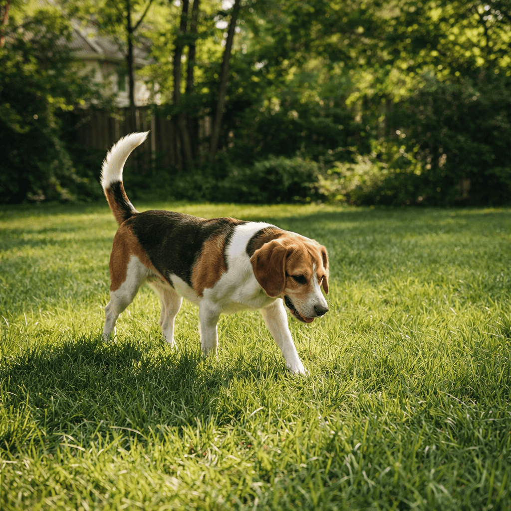 ChatGPT Image Mar 21, 2026, 09_15_45 AM dog walking through a backyard lawn with shaded grass areas where fleas and ticks commonly live