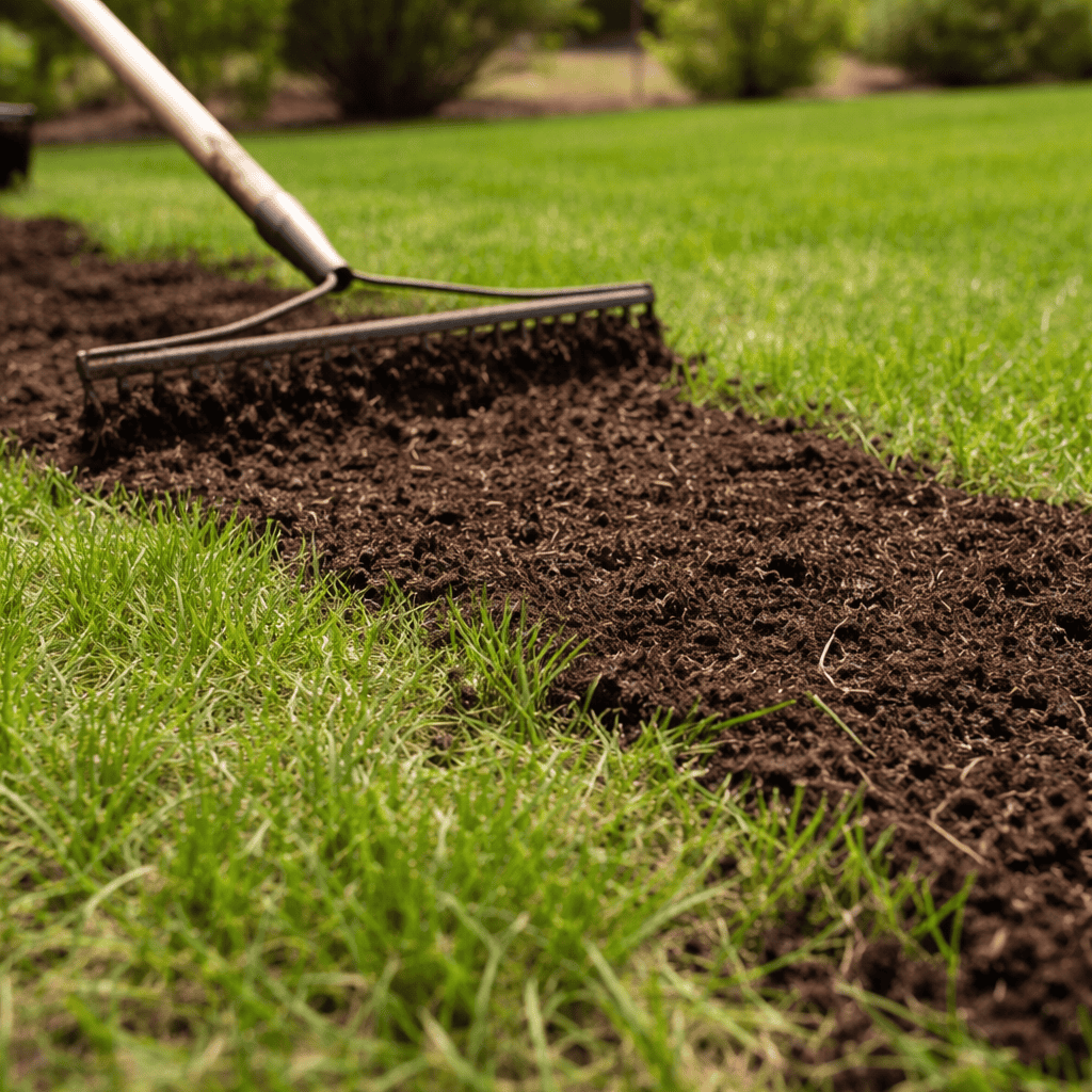 ChatGPT Image Mar 22, 2026, 10_18_01 PM Thin layer of compost being spread across a lawn with a rake to support soil health and improve grass growth evenly