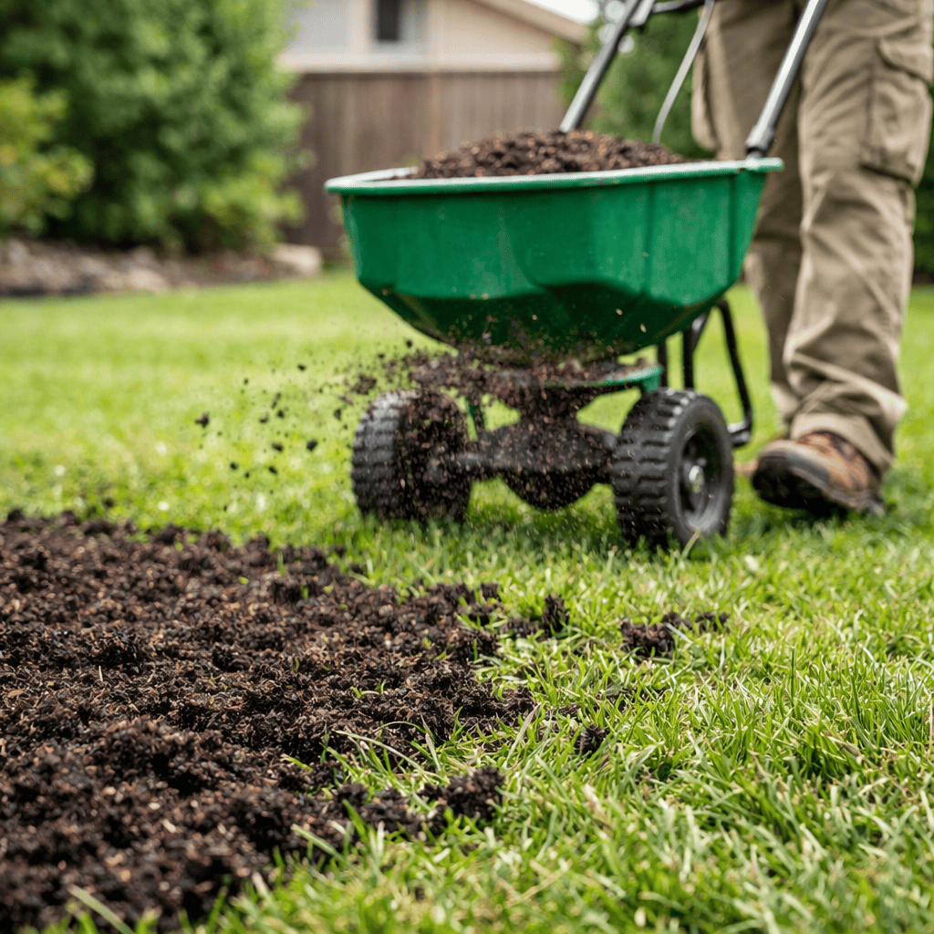 ChatGPT Image Mar 26, 2026, 05_57_19 PM Compost being evenly spread across a residential lawn to improve soil health, organic matter, and turf growth in a natural outdoor setting