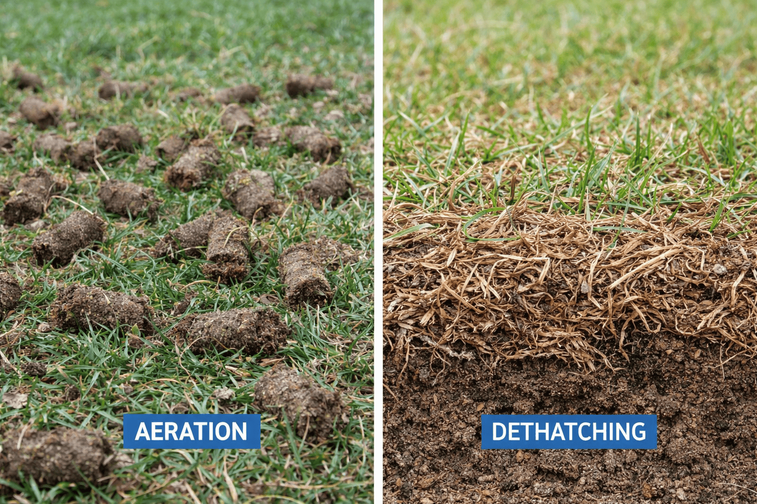 ChatGPT Image Apr 15, 2026, 03_25_31 PM lawn aeration plugs next to thatch layer showing difference between aeration and dethatching