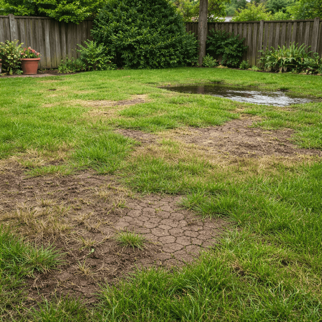 Patchy lawn with water pooling Patchy lawn with thinning grass, dry soil, and standing water showing signs of compaction and poor drainage