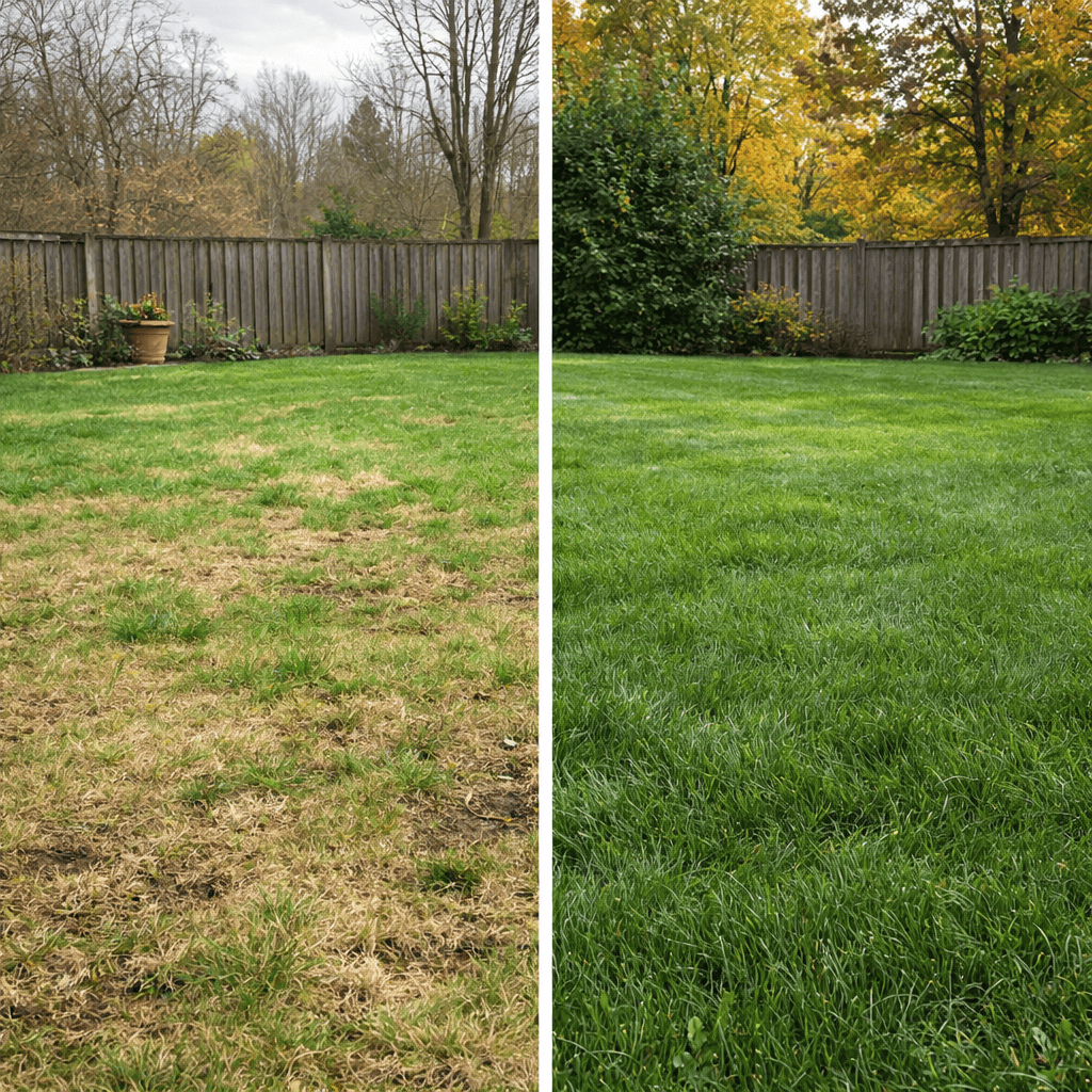 Spring and fall in the same lawn Backyard lawn split between early spring patchy grass and fuller green fall lawn showing seasonal differences
