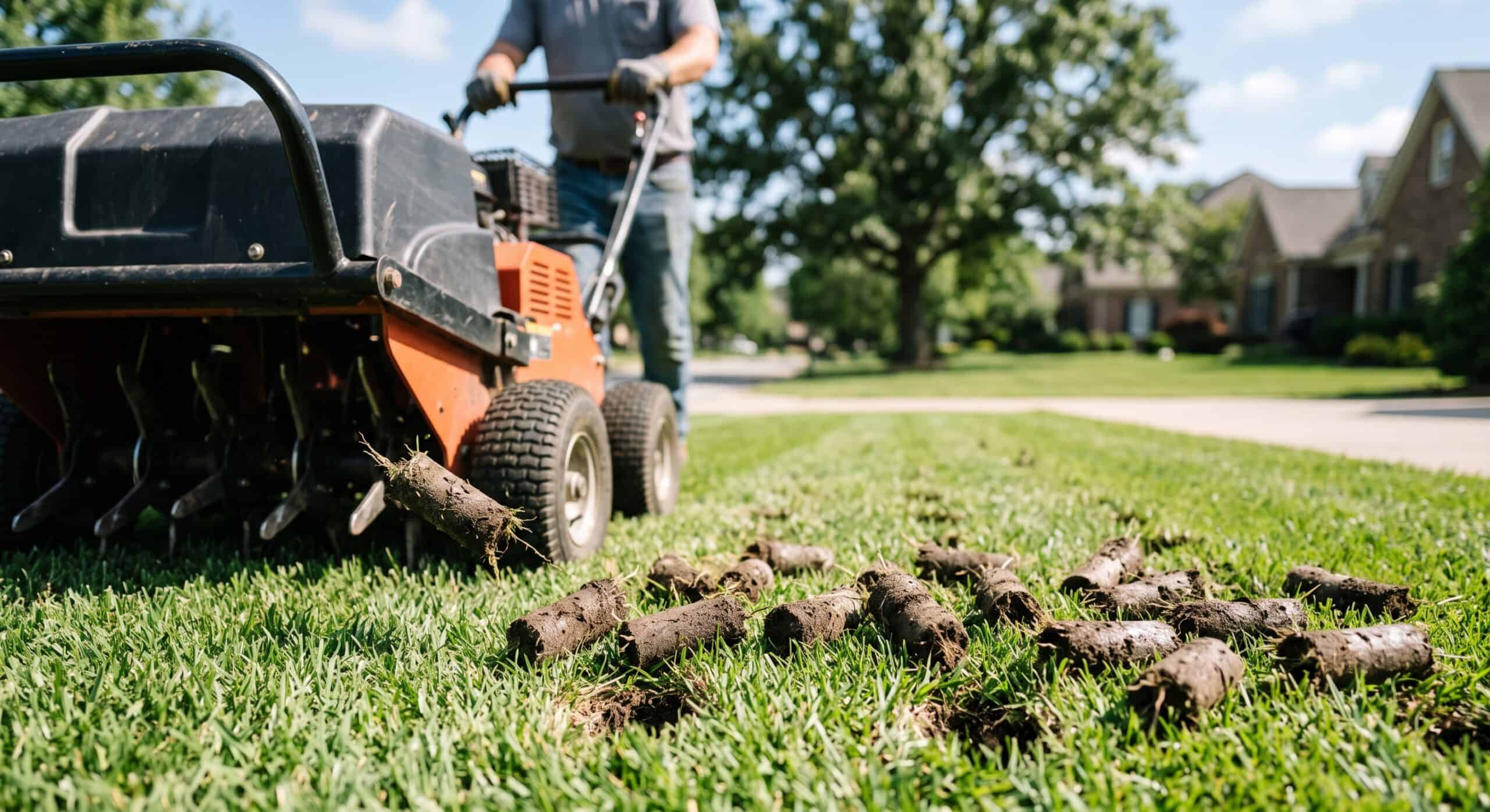 A mechanical aerator pulls soil plugs from a residential green lawn. A mechanical lawn aerator on a green lawn with small soil plugs resting on the grass.
