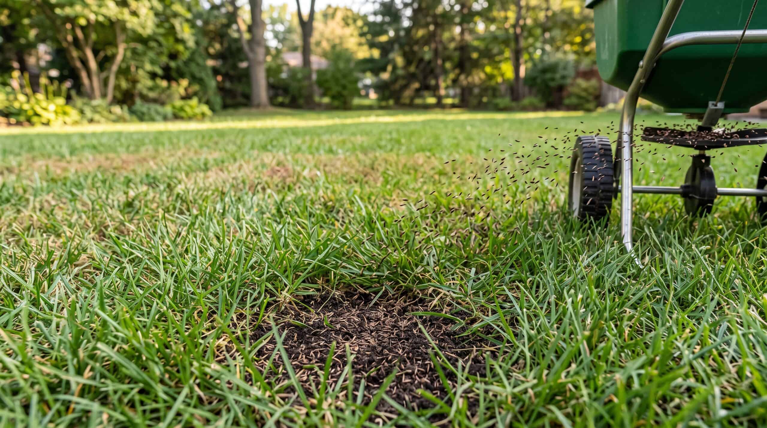 A green broadcast spreader spreads grass seed onto a green lawn, covering a dark patch of soil.